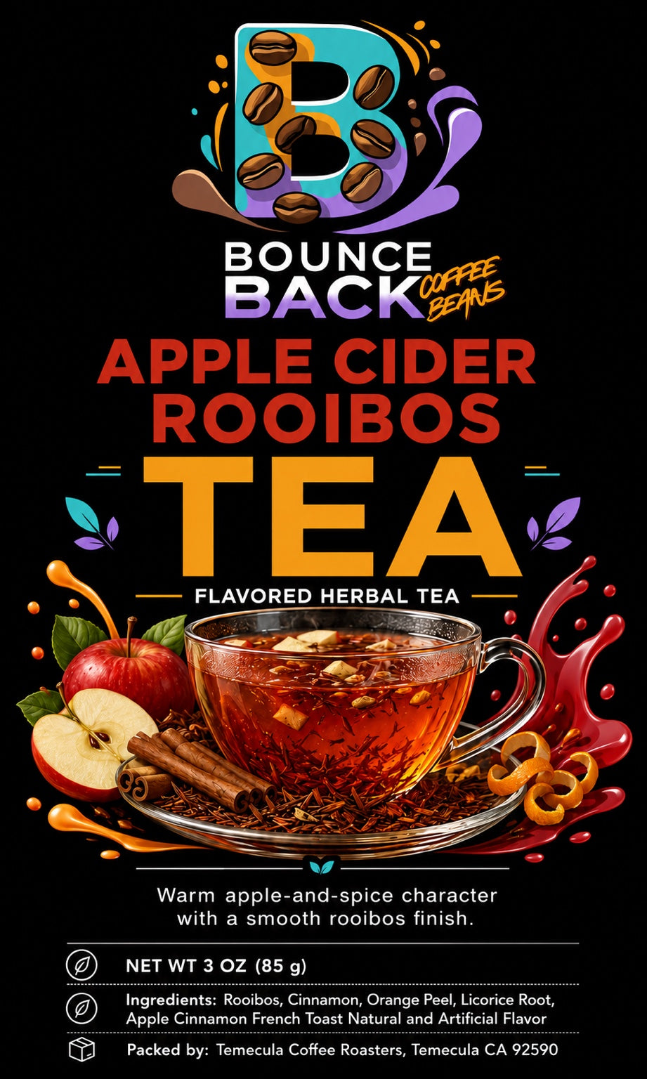 Apple Cider Rooibos flavored herbal tea – 3 oz approved label