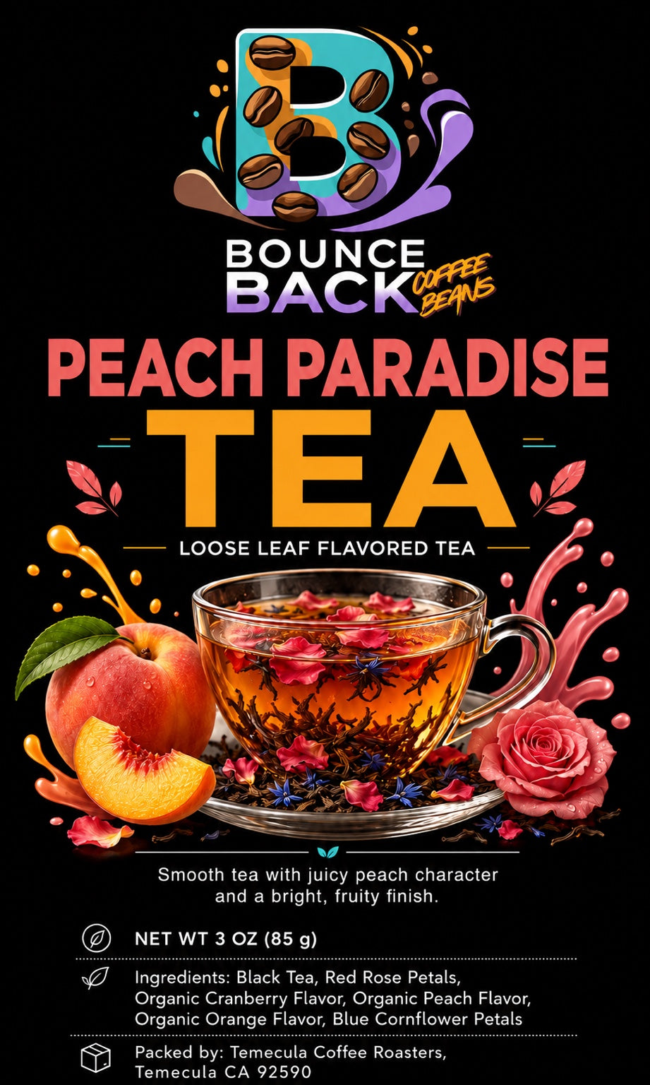 Peach Paradise loose leaf flavored tea – 3 oz approved label